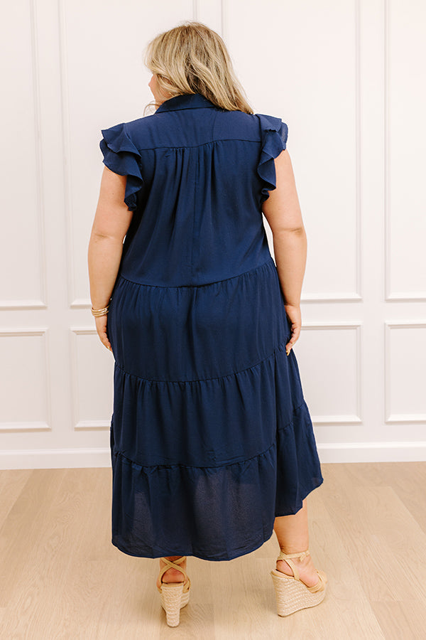 Impressions Sunny Spritzer Tiered Midi Dress In Navy Curves