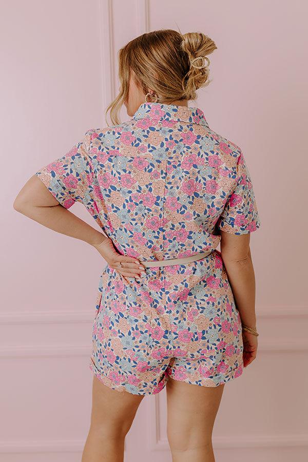 Impressions Sunny With A Chance Of Blooms Denim Romper In Pink