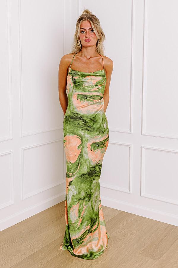 Impressions Sunset Sangria Satin Maxi Dress In Olive