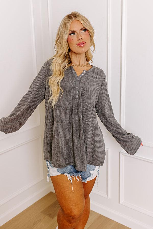 Impressions Sweet And Sincere Waffle Knit Top In Dark Grey Curves