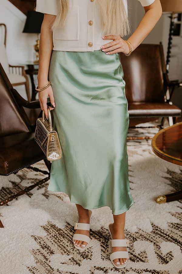 Impressions The Adeline High Waist Satin Midi Skirt In Sage