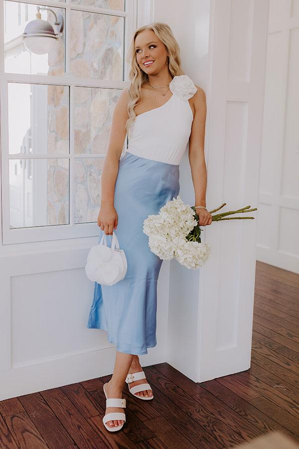 Impressions The Adeline High Waist Satin Midi Skirt in Sky Blue
