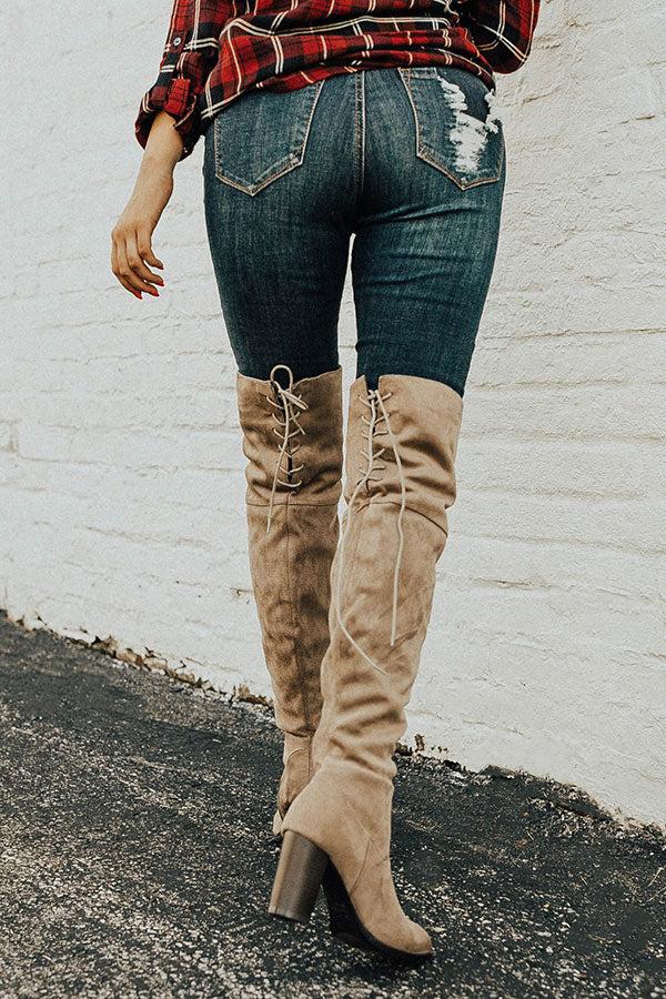 Impressions The Aspen Thigh High Lace Up Boot In Taupe