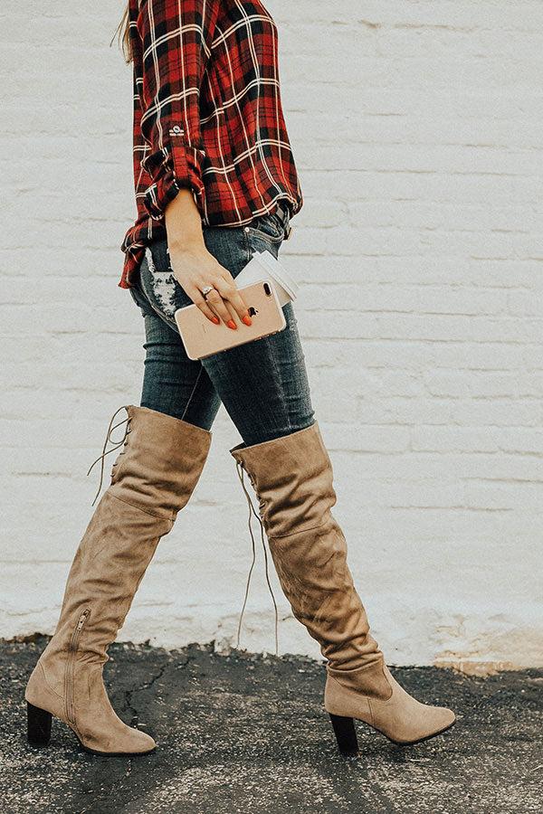 Impressions The Aspen Thigh High Lace Up Boot In Taupe