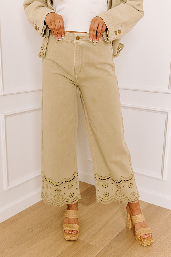 Impressions The Clara High Waist Wide Leg Eyelet Jean in Light Martini Olive