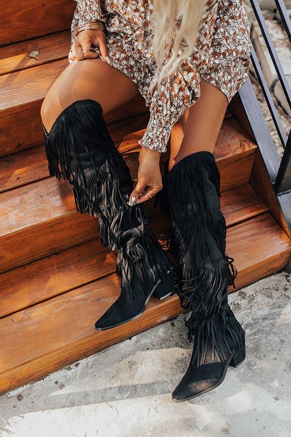 Impressions The Doss Knee High Fringe Boot In Black