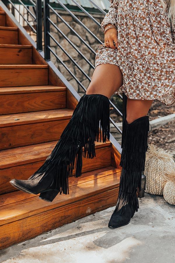 Impressions The Doss Knee High Fringe Boot In Black