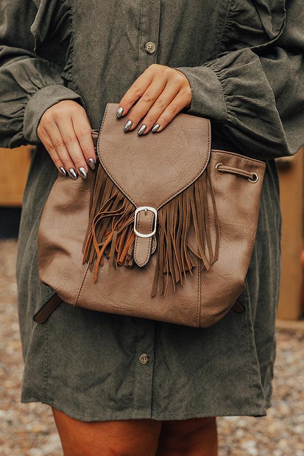 Impressions The Kenzo Faux Leather Fringe Backpack In Taupe