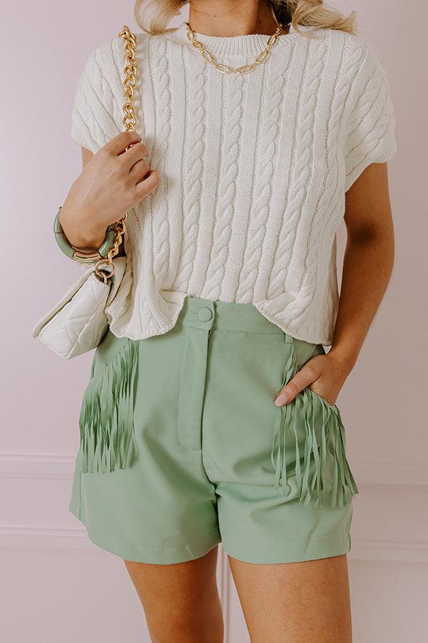 Impressions The Queenie High Waist Fringe Shorts in Sea Glass
