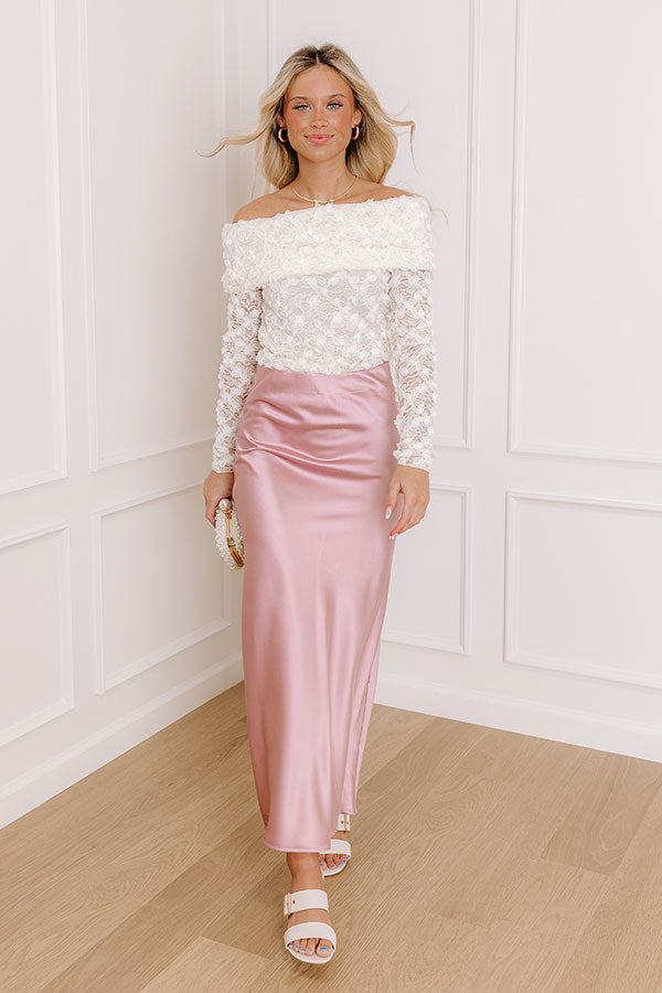 Impressions The Tiffany High Waist Satin Midi Skirt in Pink