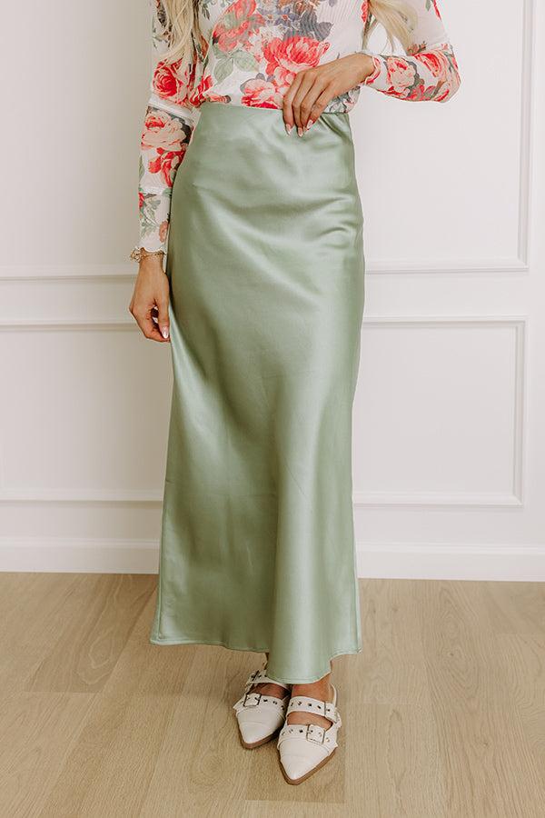 Impressions The Tiffany High Waist Satin Midi Skirt In Sage