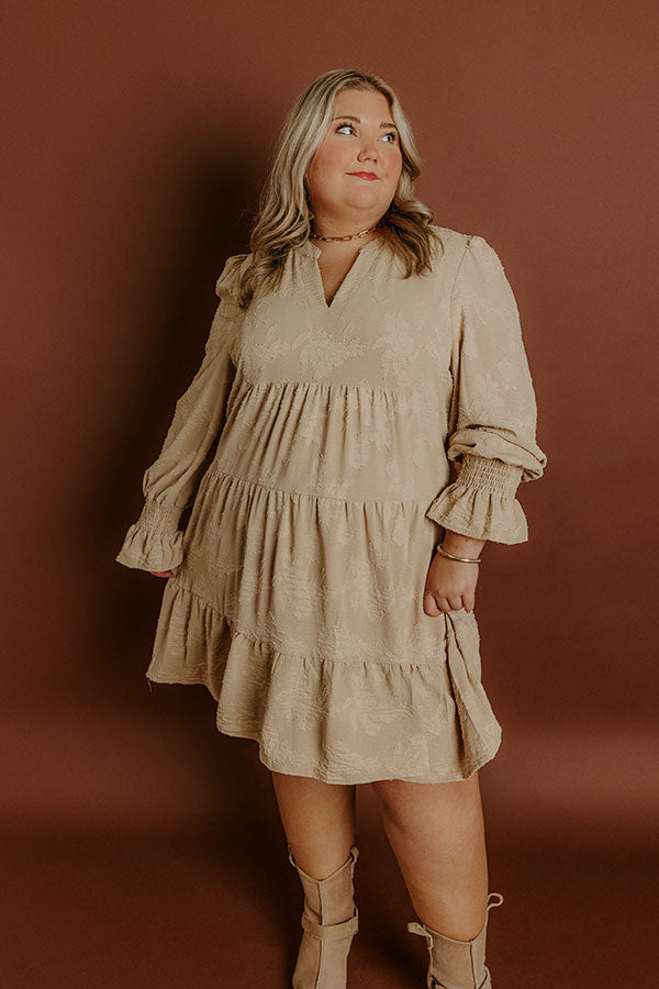 Impressions Tribeca Twilight Jacquard Babydoll Mini Dress In Iced Latte Curves