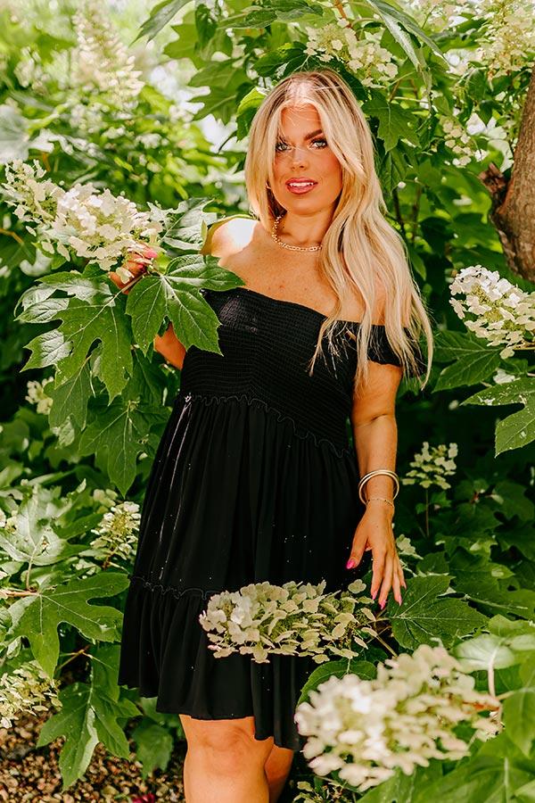 Impressions Trip to Barcelona Smocked Mini Dress in Black Curves