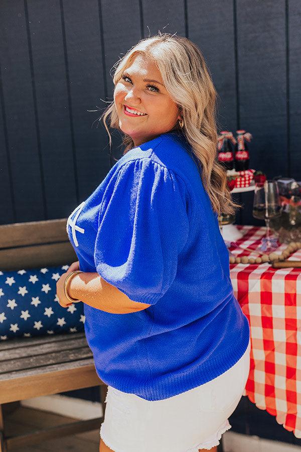 Impressions USA Knit Sweater Top In Royal Blue Curves