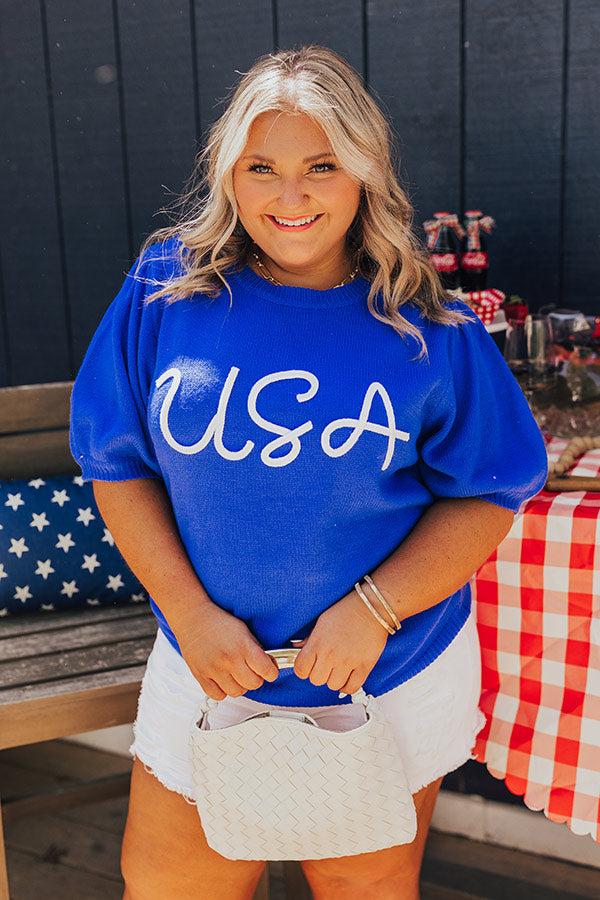 Impressions USA Knit Sweater Top In Royal Blue Curves