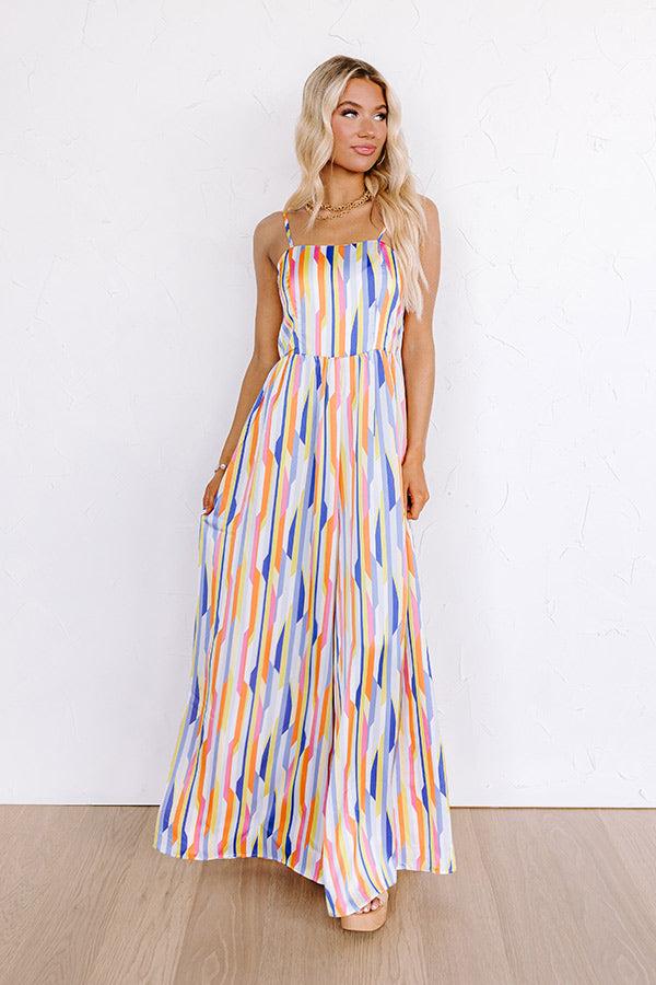 Impressions Vacay Bound Satin Stripe Jumpsuit In Blue