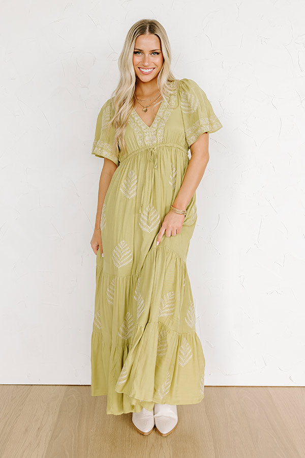 Impressions Venice Stroll Embroidered Maxi Dress in Chartreuse