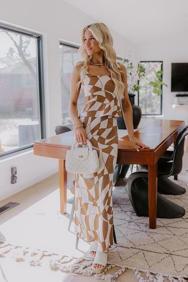 Impressions Versailles Vogue High Waist Satin Midi Skirt in Chocolate