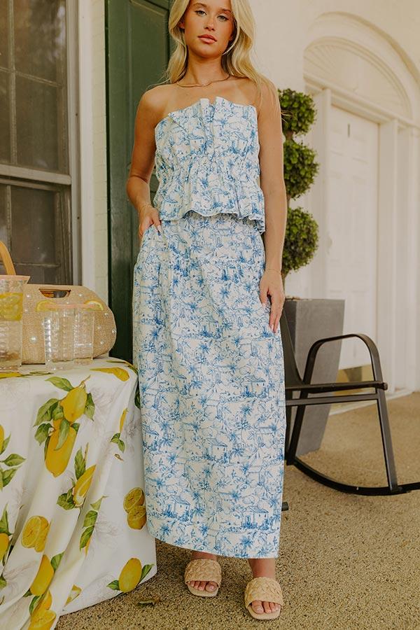 Impressions Villa Charm High Waist Maxi Skirt in Blue