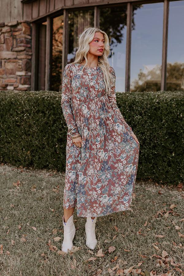 Impressions Vineyard Cutie Asymmetrical Floral Mesh Midi In Mocha