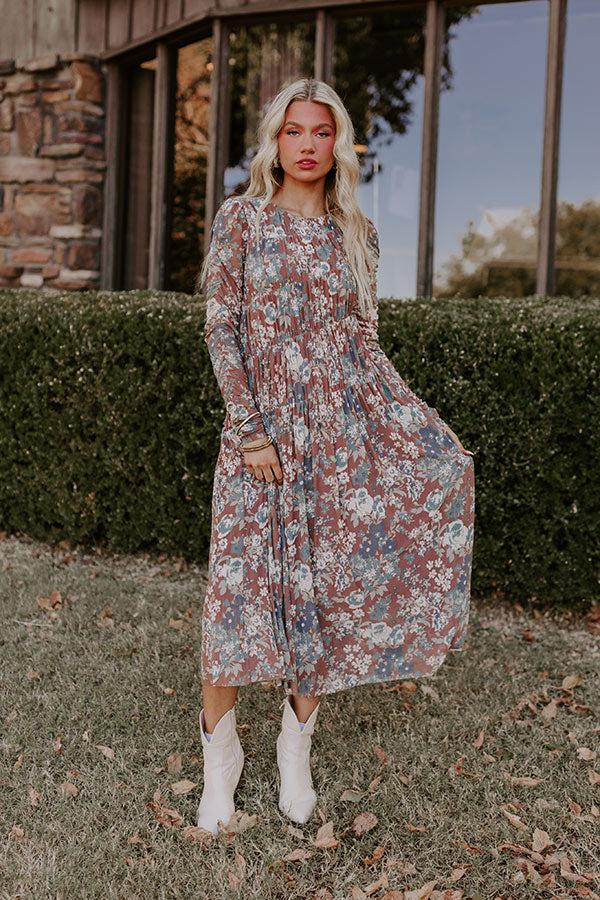 Impressions Vineyard Cutie Asymmetrical Floral Mesh Midi In Mocha