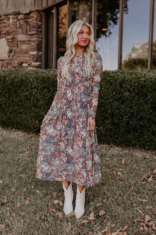 Impressions Vineyard Cutie Asymmetrical Floral Mesh Midi in Mocha