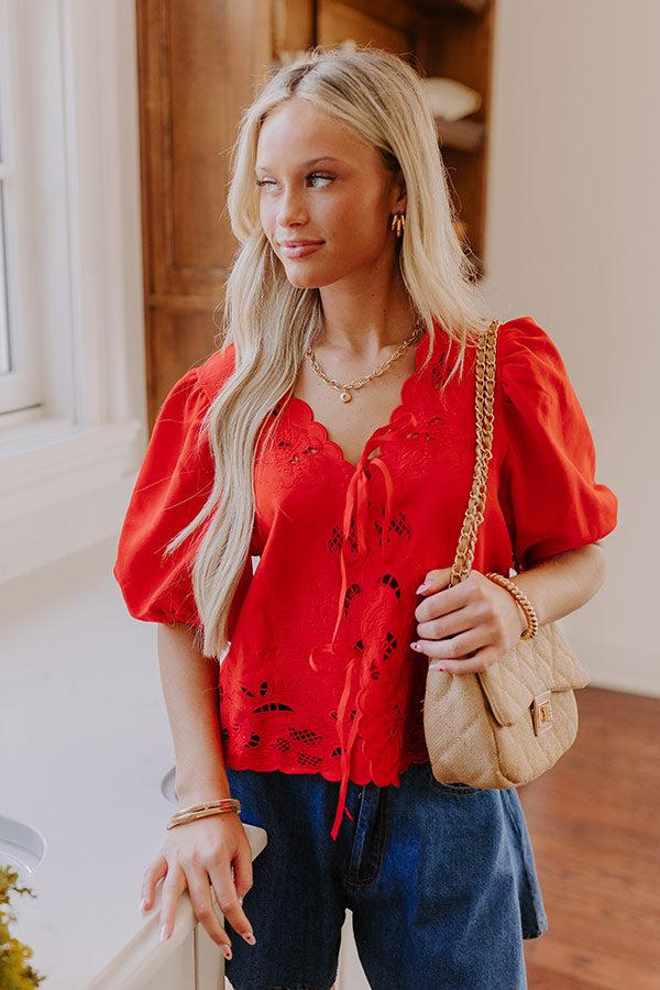 Impressions Vineyard Villa Embroidered Front Tie Top In Red