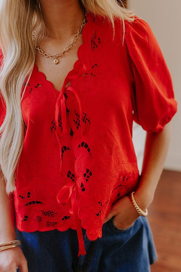 Impressions Vineyard Villa Embroidered Front Tie Top In Red