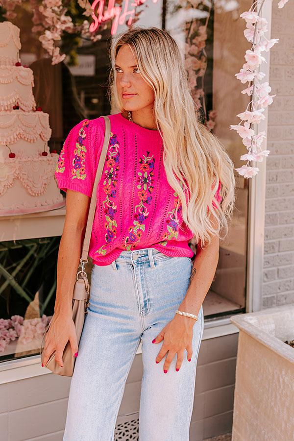 Impressions Wildflower Fields Embroidered Sweater Top In Pink