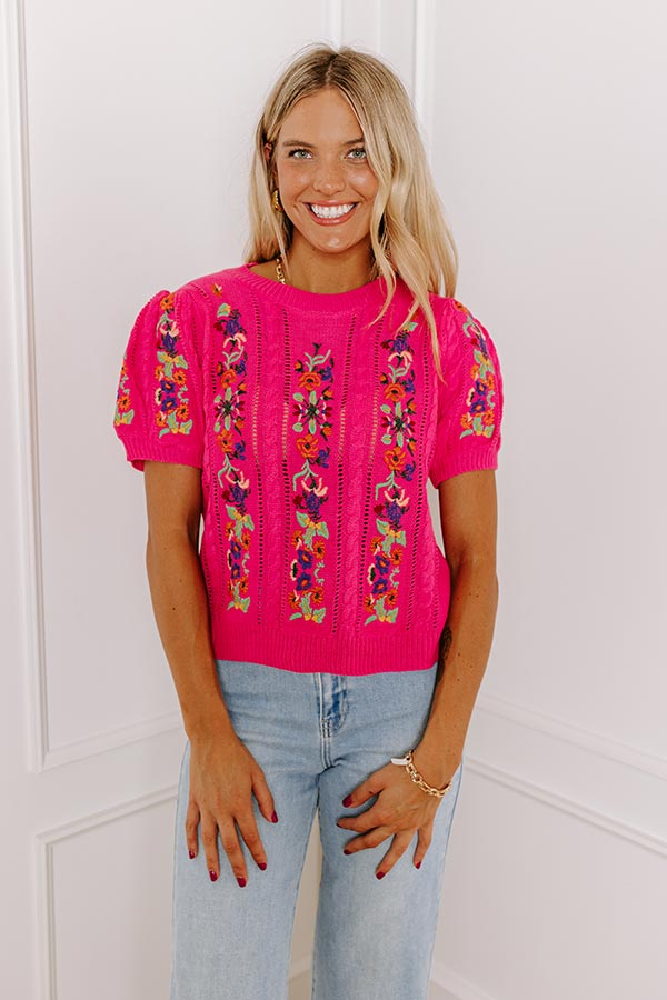 Impressions Wildflower Fields Embroidered Sweater Top In Pink